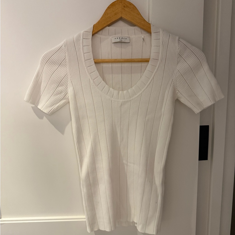 Sandro White Ribbed Short-Sleeve Scoop Neck Top